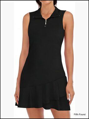 Sleeveless Zip Up Athletic Dress with Ruffle Hem, Polyester Spandex, Regular Fit